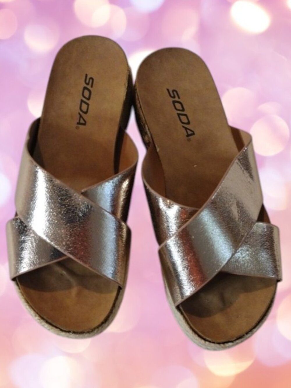 New Without Tags Soda Metallic Pink Cross-Band Slide Sandals Size 6.5